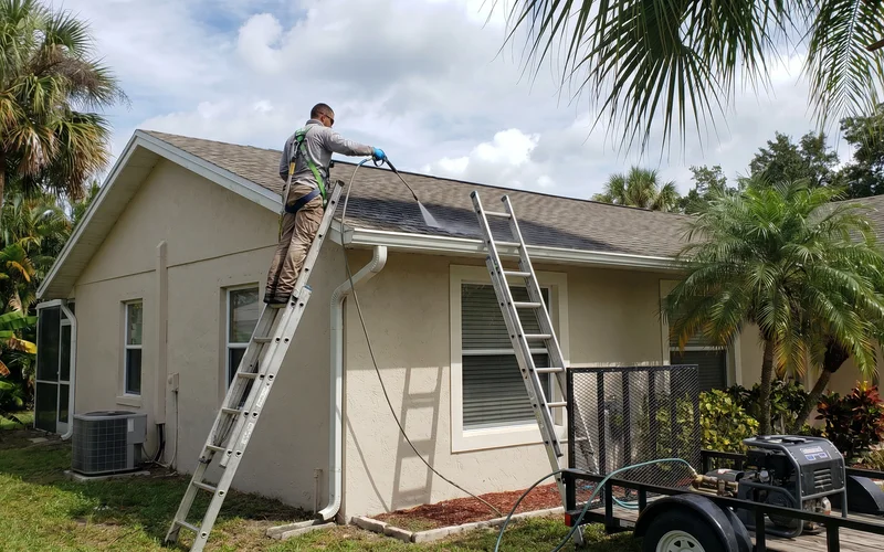 Cape Coral residential street showing mix of recently cleaned and overdue roofs side by side