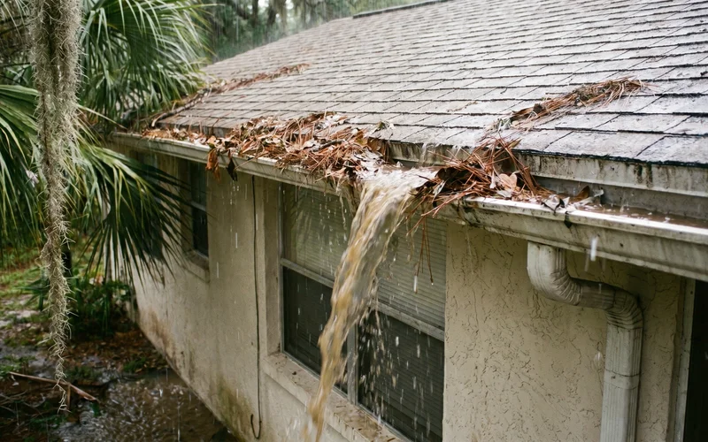 A Cape Coral gutter overflowing during a rainstorm - water cascading over the edge instead of flowing through the downspout.