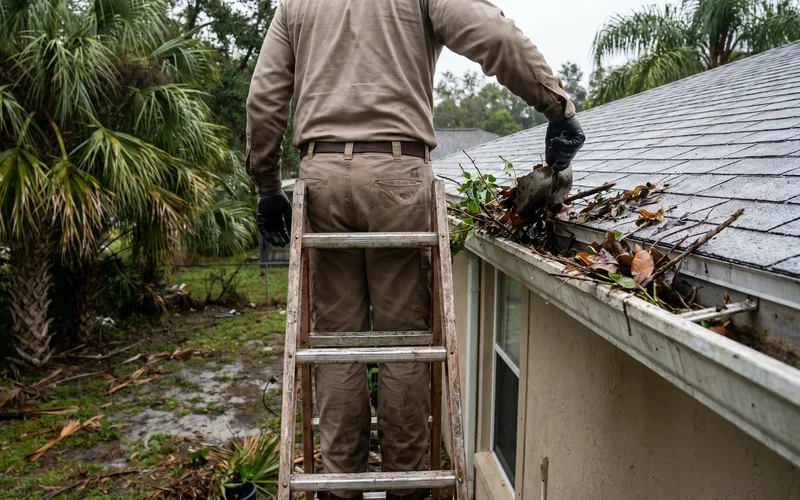 Crew member with branded uniform clearing palm fronds from gutter on a residential roof, ladder visible, candid documentary