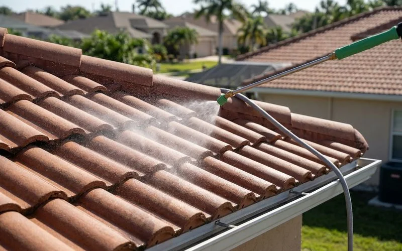 Soft-wash applicator gently spraying an SH-and-surfactant blend across a tile roof - no ladders on the tile, low-pressure mist only.