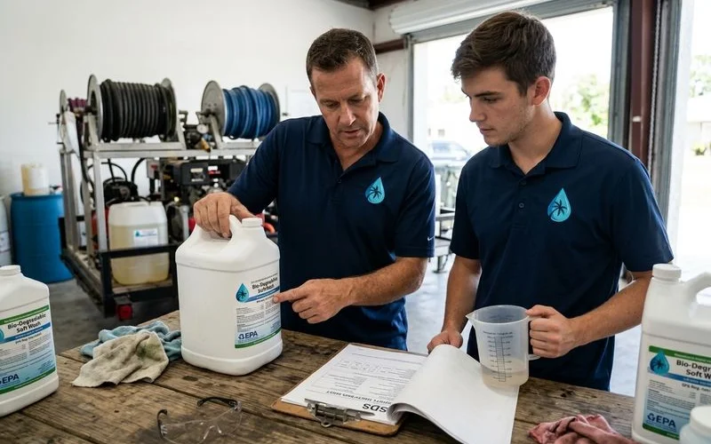 A technician training session reviewing EPA-compliant chemistry ratios and SDS documentation before a shift.