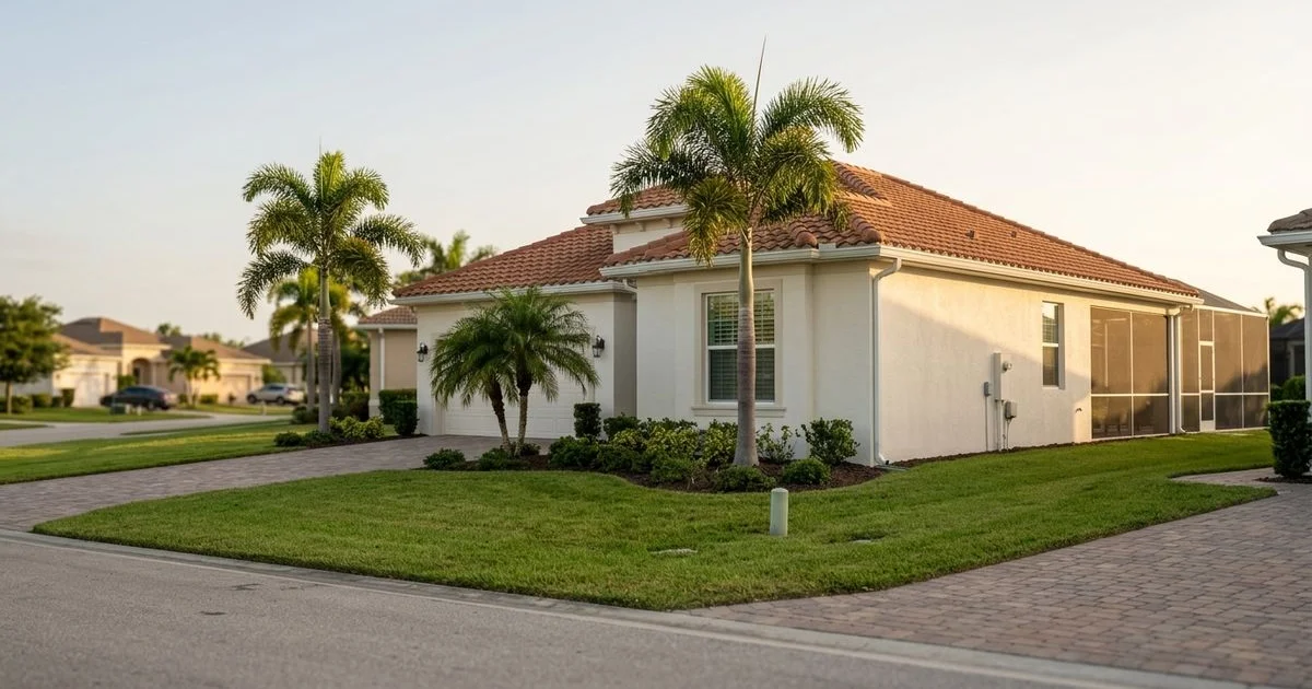 A Cape Coral home photographed in the late-May golden hour - gutters clear, lanai screens spotless, stucco freshly washed, palm fronds trimmed in the background.