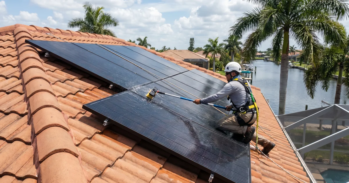 Cape Coral home with rooftop solar array, half cleaned and half dusty showing visible production line, daylight