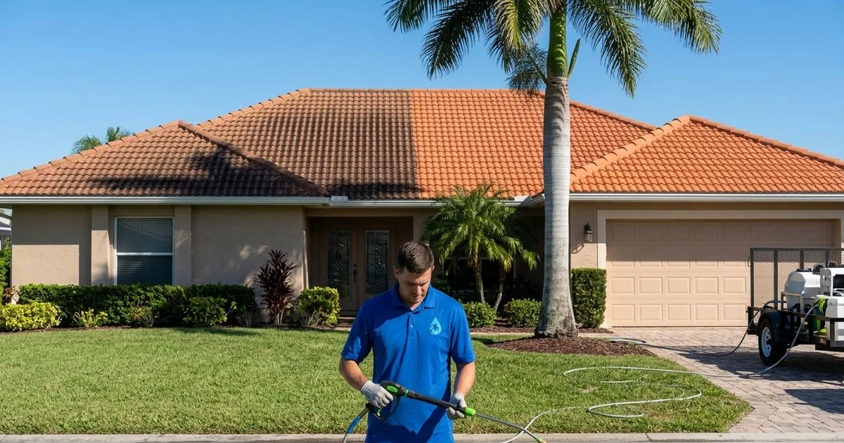 A barrel tile roof on a Cape Coral home photographed mid-clean - left half streaked with black algae, right half visibly restored to its original terracotta tone after a soft wash.