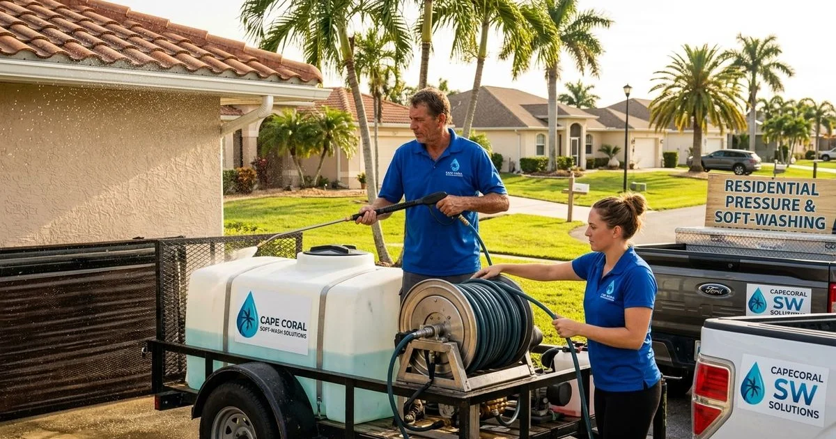 The Cape Coral Pressure Washing team standing beside their trailer rig in front of a long-time client's home - 20-year operational milestone photo.