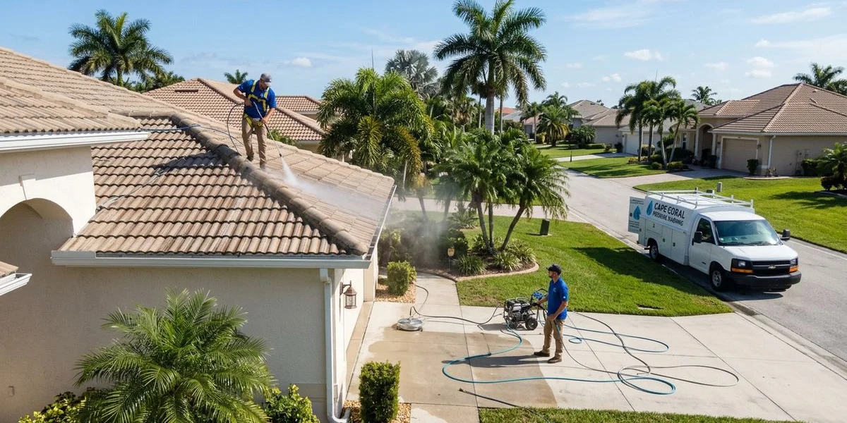 Crew working in a typical neighborhood in the Fort Myers area
